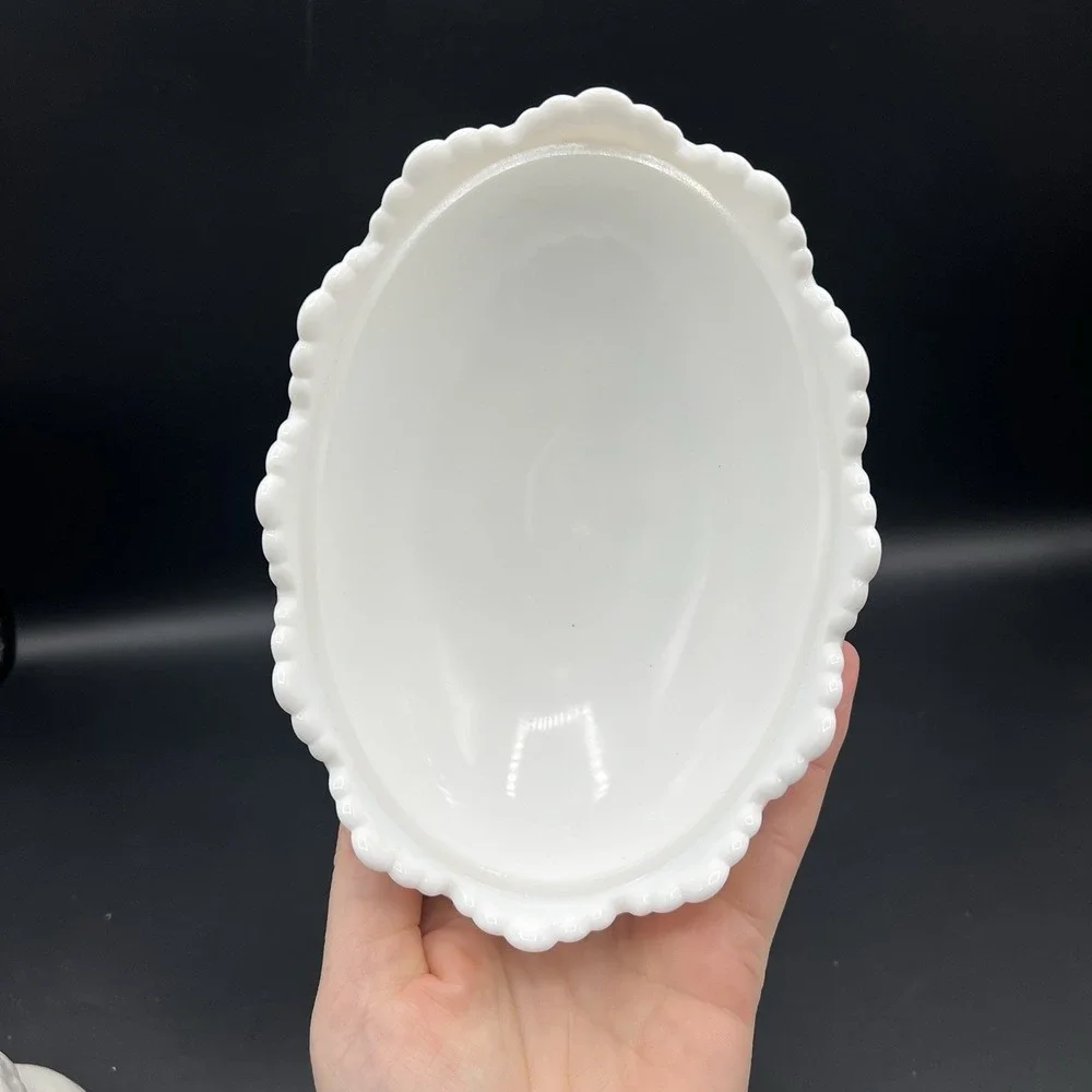 VTG Fenton White Milk Glass Hobnail Oval Footed‎ Covered Candy Dish with Lid